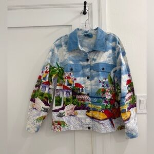 Flamingo Road multicolored tropical vacation lightweight denim Jean jacket